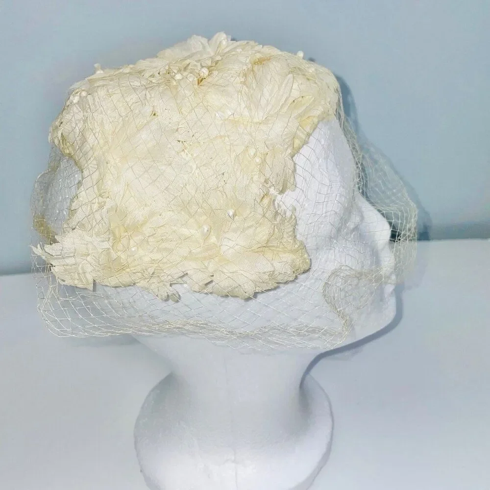 Vintage 50s 60s Crown Ivory Hat Net Floral Pearls Bridal Dance Costume Theatre